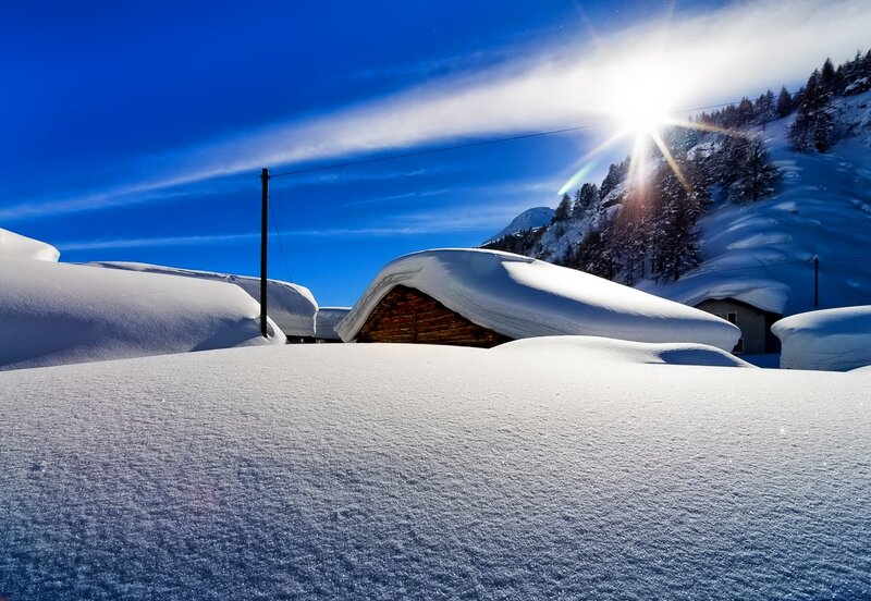 Snow-covered Cabin — Blue, Serene, Winter, Photograph, Trees, Mountain