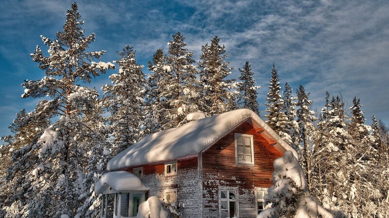 Snow-covered Cabin — Blue, Serene, Winter, Photograph, Trees, Snow, Sky, Windows