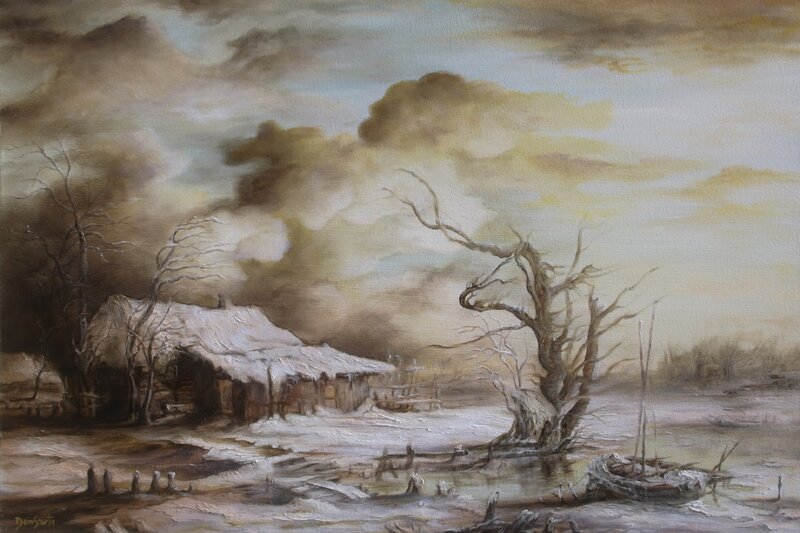 Snow-covered Cabin — Brown, Dreary