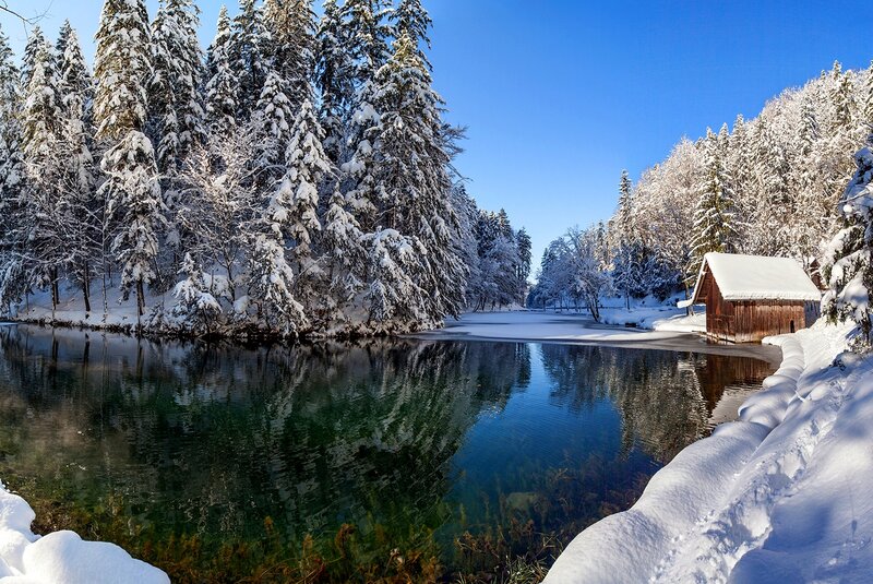 Snow-covered Cabin by Lake — Blue, Serene