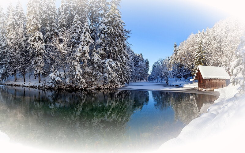 Snow-covered Cabin by Lake — Blue, Serene, Winter