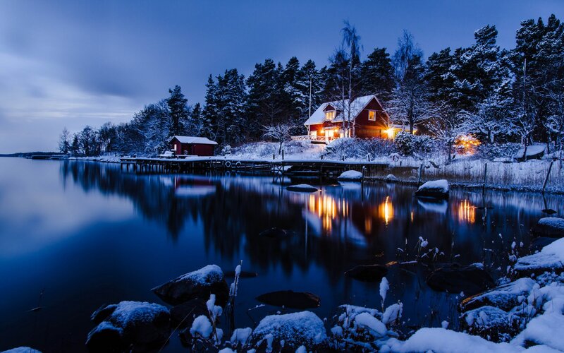 Snow-covered Cabin by Lake — Blue