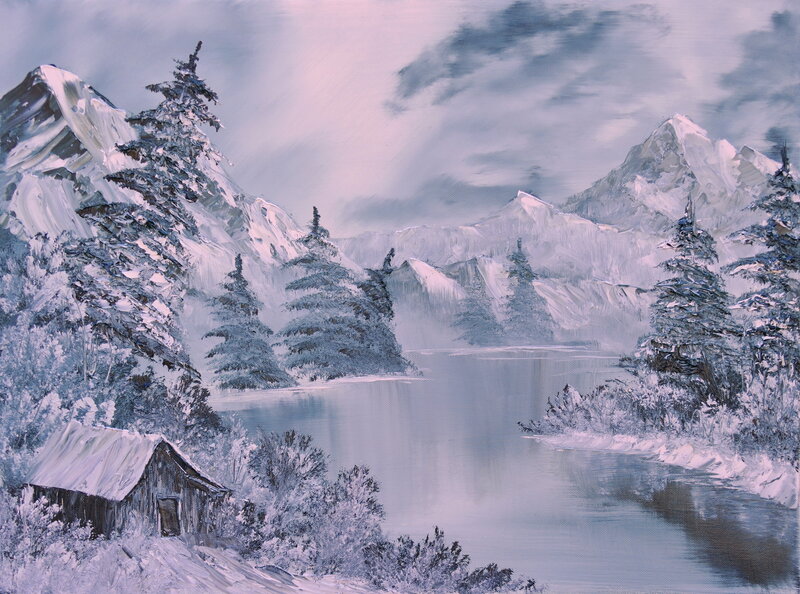 Snow-covered Cabin by Lake