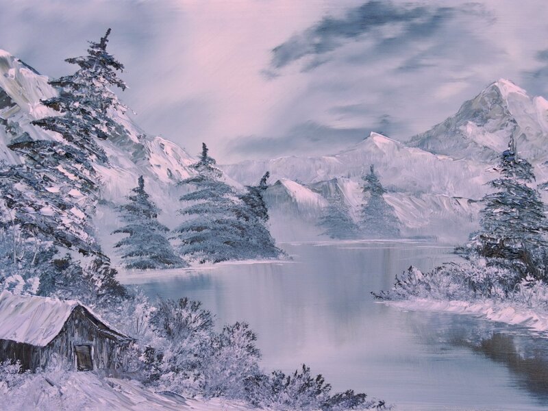 Snow-covered Cabin by Lake — White, Serene