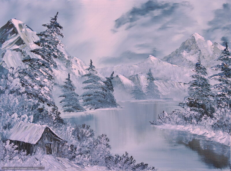 Snow-covered Cabin by Lake — White, Serene, Winter