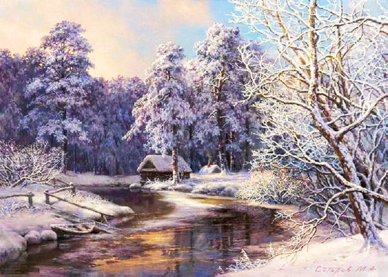 Snow-covered Cabin by River — White