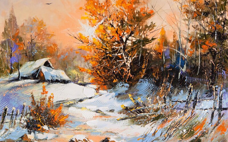 Snow-covered Cabin in Autumn — Orange