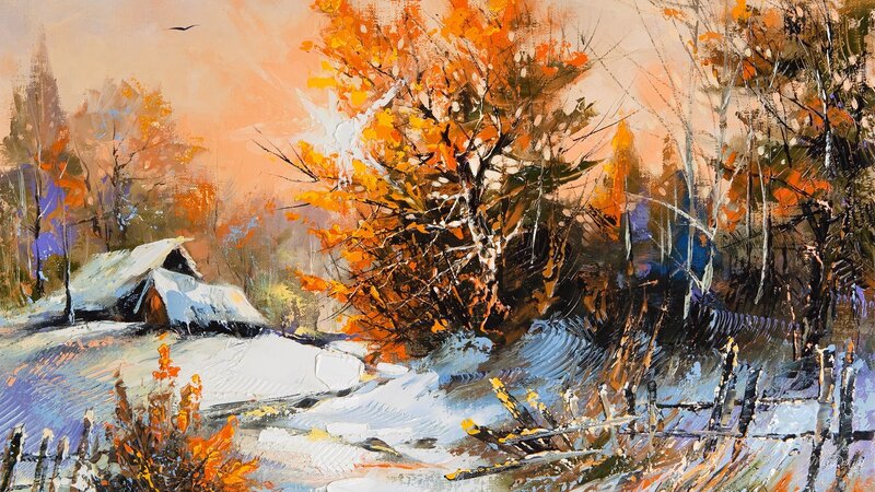 Snow-covered Cabin in Autumn