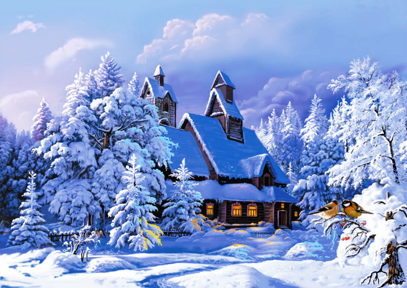 Snow-covered Cabin in Forest — Blue, Serene, Winter, Digital Art