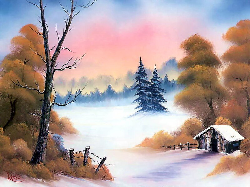 Snow-covered Cabin in Forest — Blue