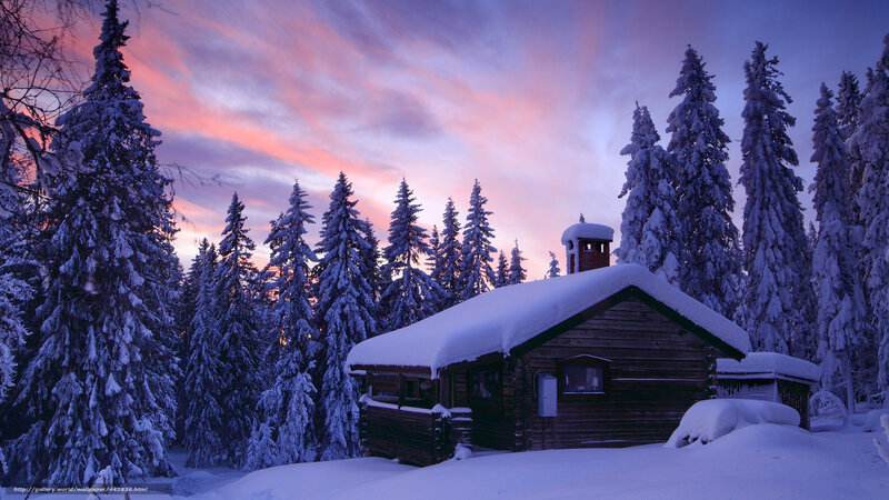 Snow-covered Cabin in Forest — Purple, Serene, Sunset