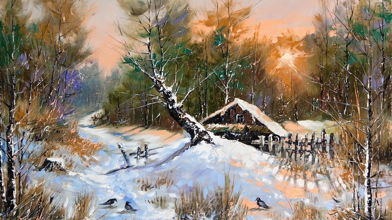 Snow-covered Cabin in Forest — White, Serene