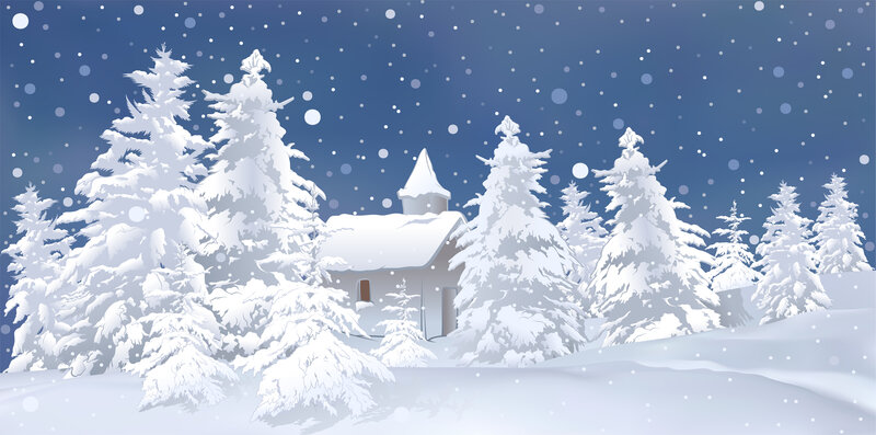 Snow-covered Cabin in Forest — White, Serene, Winter, Illustration