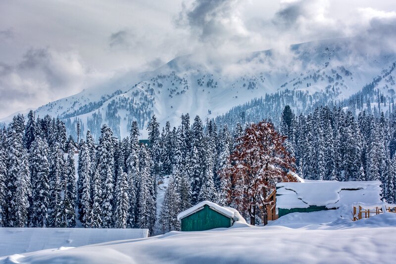 Snow-covered Cabin in Forest — White, Serene, Winter, Photograph, Mountains, Trees