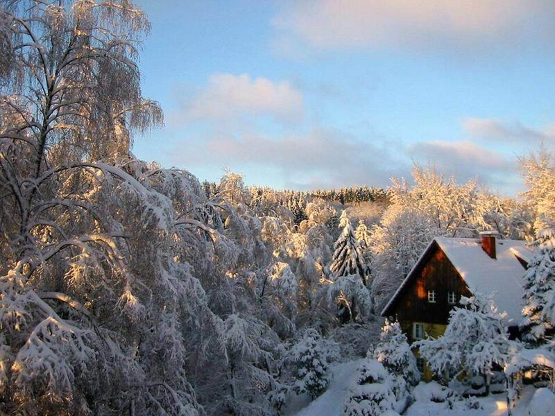 Snow-covered Cabin in Forest — White