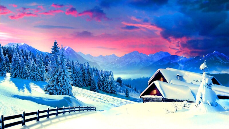 Snow-covered Cabin in Mountains — Blue, Dramatic