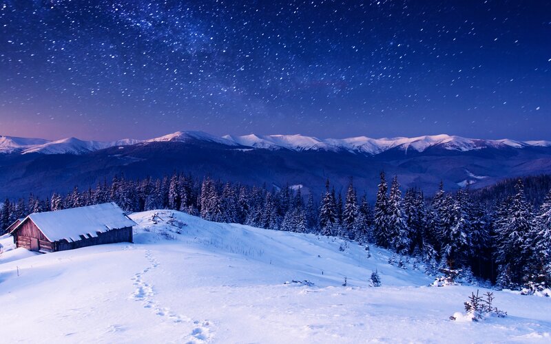 Snow-covered Cabin in Mountains — Blue, Serene, Night, Photograph, Forest