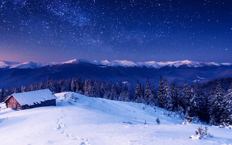 Snow-covered Cabin in Mountains — Blue, Serene, Night, Photograph, Trees