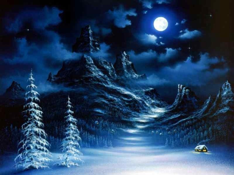 Snow-covered Cabin in Mountains — Blue, Serene, Night