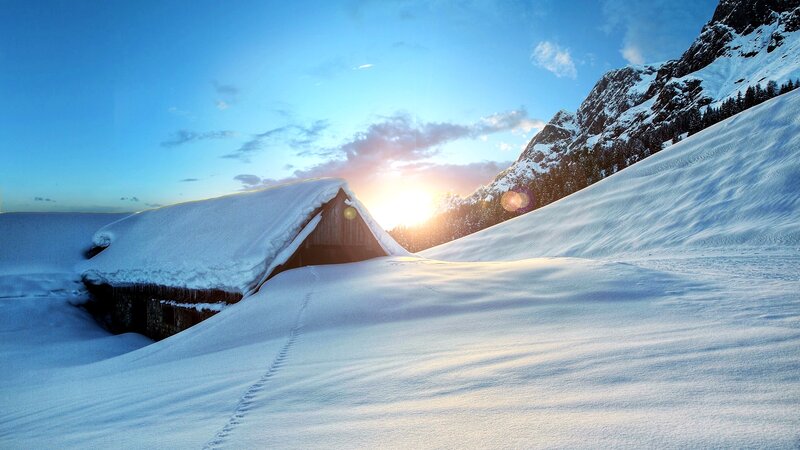 Snow-covered Cabin in Mountains — Blue, Serene, Sunset