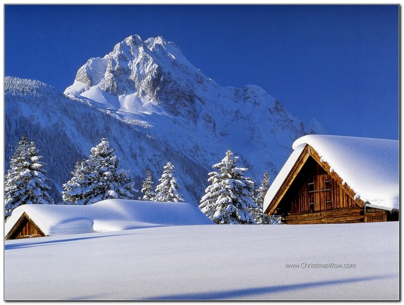 Snow-covered Cabin in Mountains — Blue, Serene