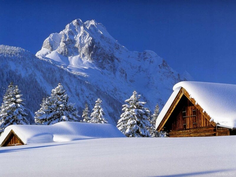 Snow-covered Cabin in Mountains — Blue, Serene, Winter