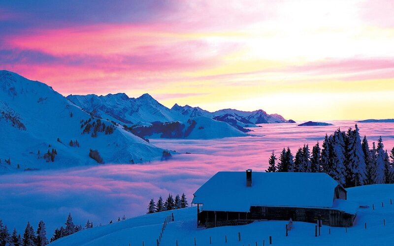 Snow-covered Cabin in Mountains — Pink