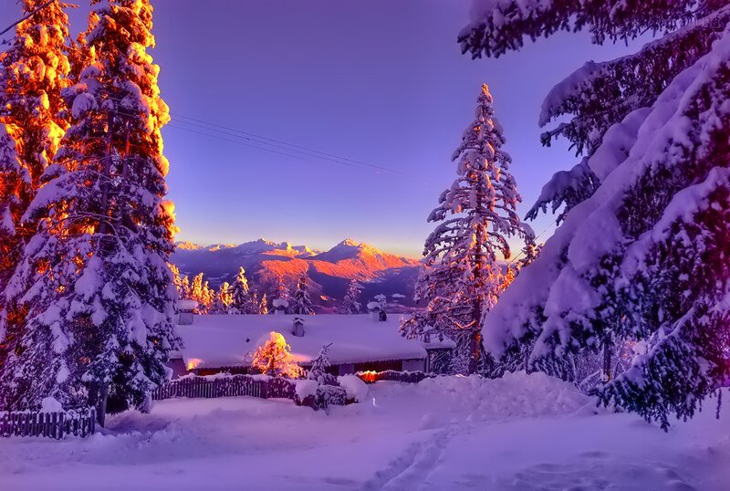 Snow-covered Cabin in Mountains — Purple, Serene