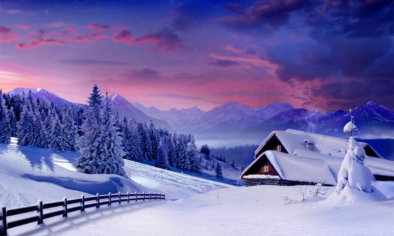 Snow-covered Cabin in Mountains — Purple, Serene, Winter, Digital Art