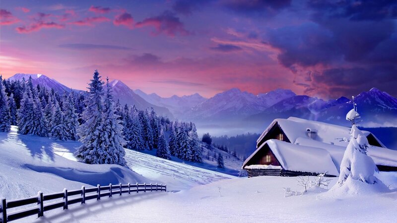 Snow-covered Cabin in Mountains — Purple, Serene, Winter, Digital Art, Trees, Fence, Pink, White
