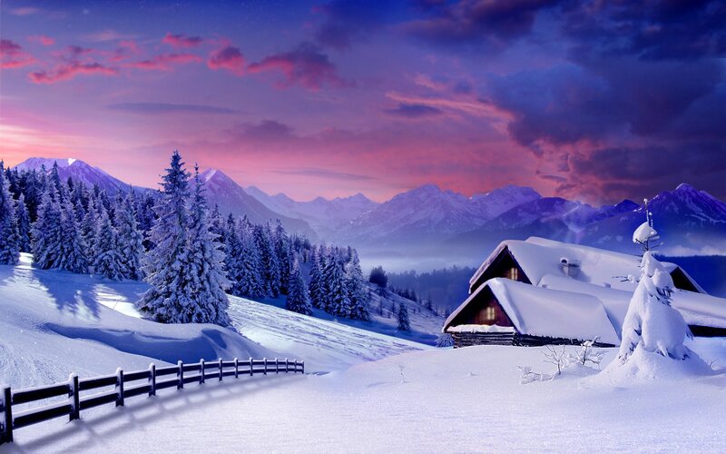 Snow-covered Cabin in Mountains — Purple, Serene, Winter, Photograph