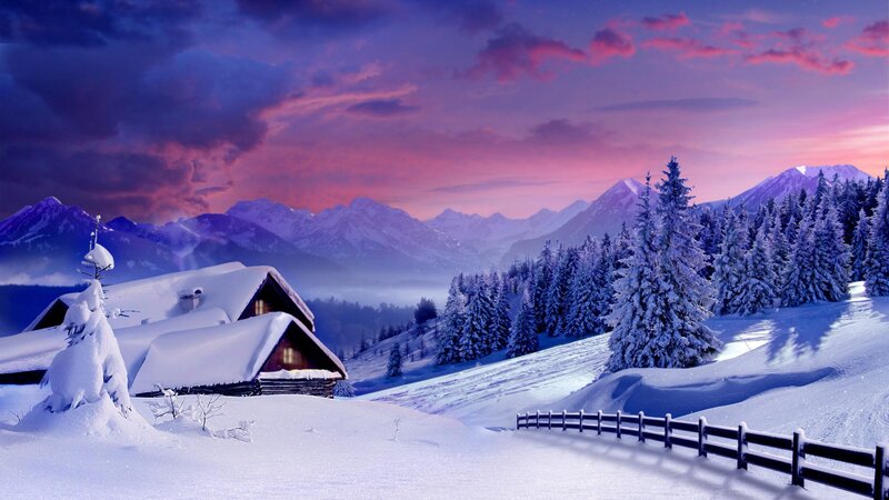 Snow-covered Cabin in Mountains — Purple, Serene, Winter