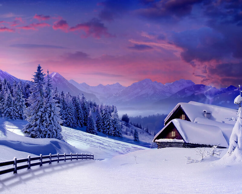 Snow-covered Cabin in Mountains — Purple
