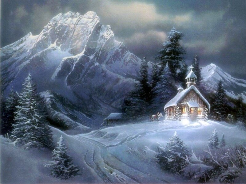 Snow-covered Cabin in Mountains — White, Dramatic