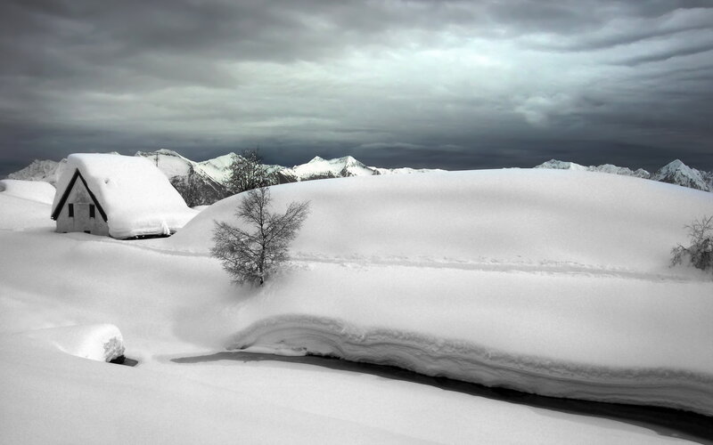 Snow-covered Cabin in Mountains — White, Dramatic, Winter