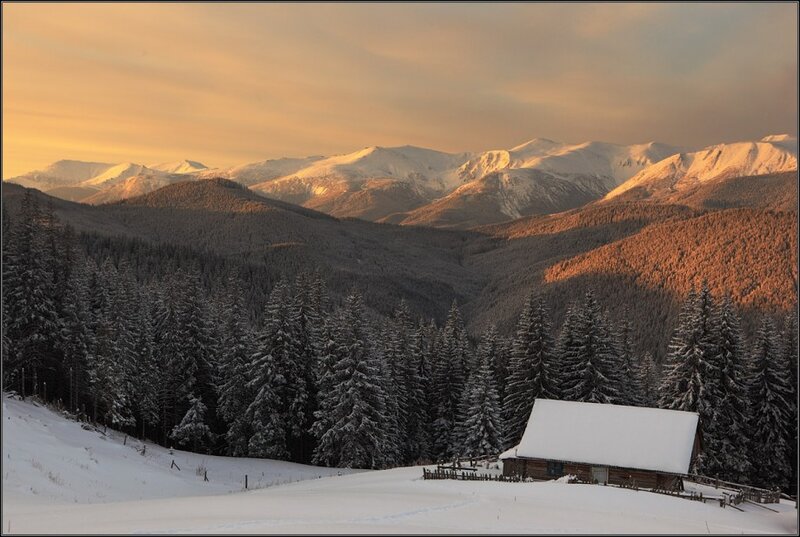 Snow-covered Cabin in Mountains — White, Serene