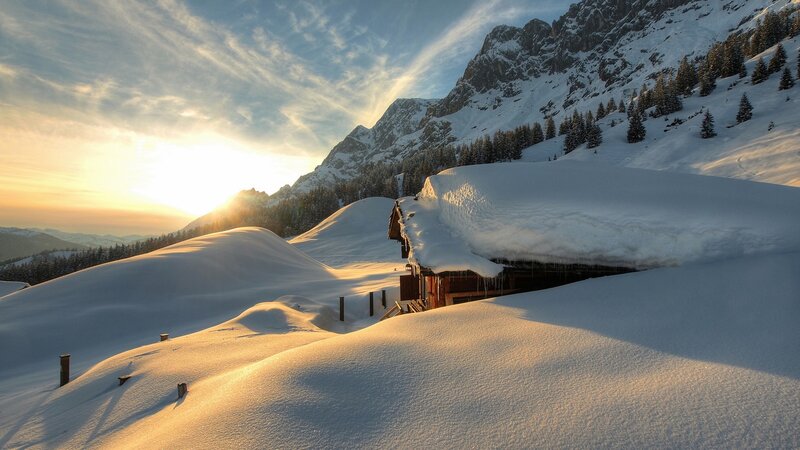 Snow-covered Cabin in Mountains — White, Serene, Winter, Photograph, Mountain