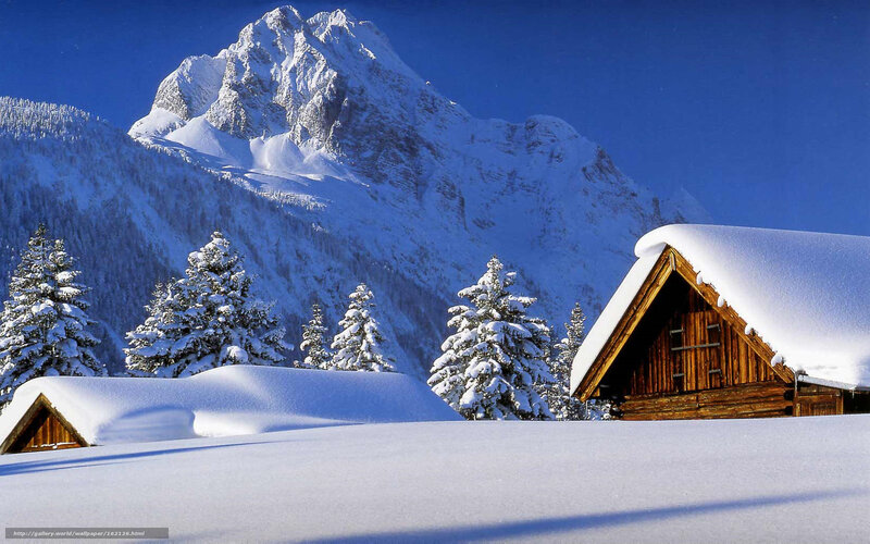 Snow-covered Cabin in Mountains — White, Serene, Winter, Photograph, Mountain, Trees
