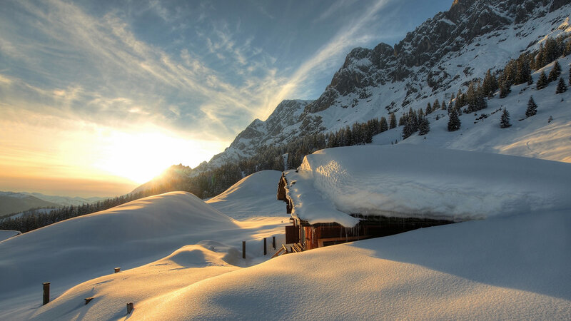 Snow-covered Cabin in Mountains — White, Serene, Winter, Photograph