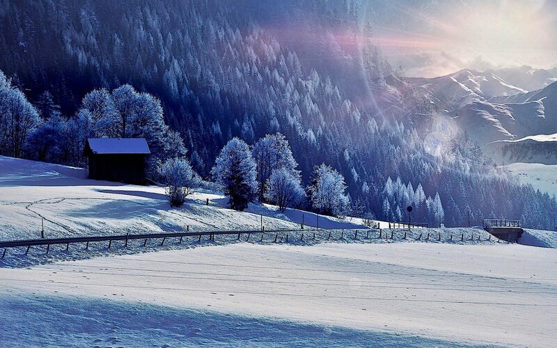 Snow-covered Cabin in Mountains — White, Serene, Winter, Photograph, Trees, Road