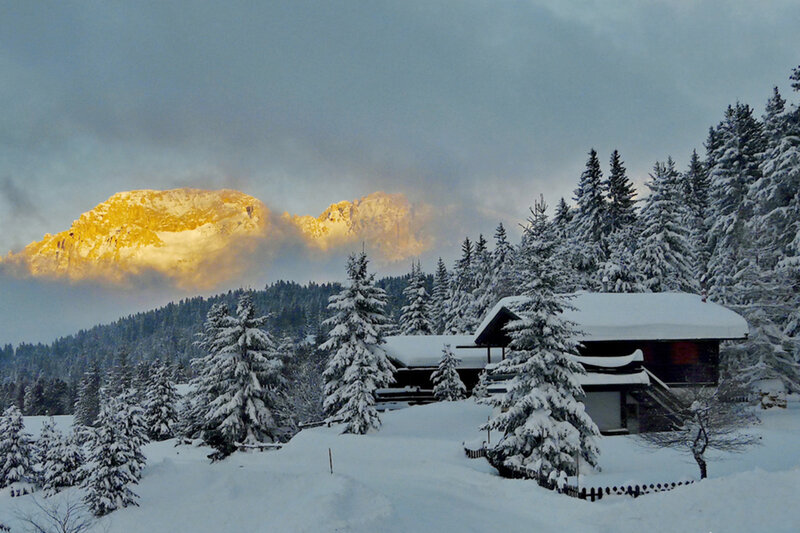 Snow-covered Cabin in Mountains — White, Serene, Winter