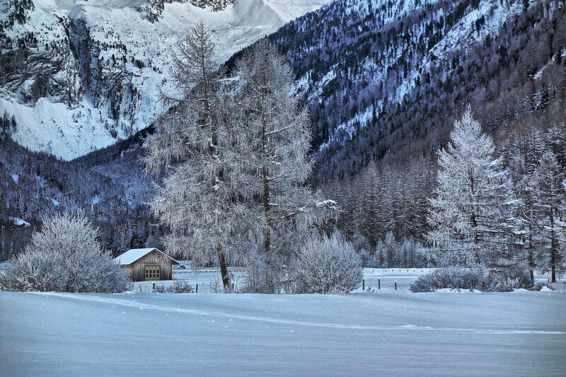 Snow-covered Cabin in Valley — White, Serene