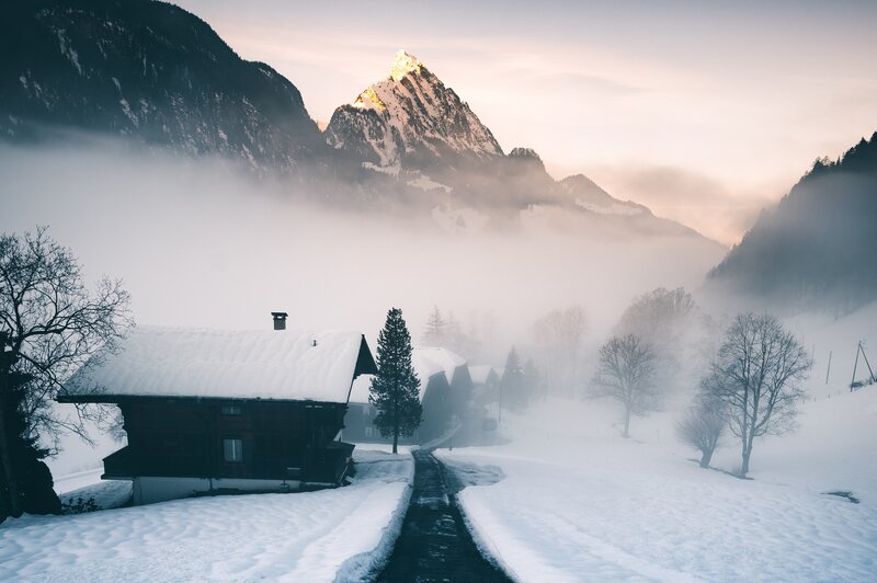 Snow-covered Cabin in Valley — White