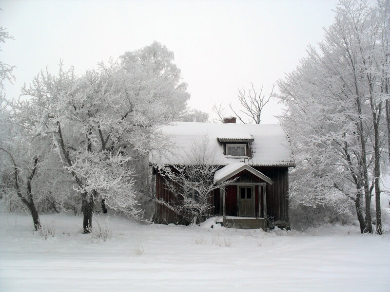 Snow-covered cabin in winter