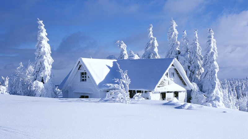 Snow-covered cabin in winter