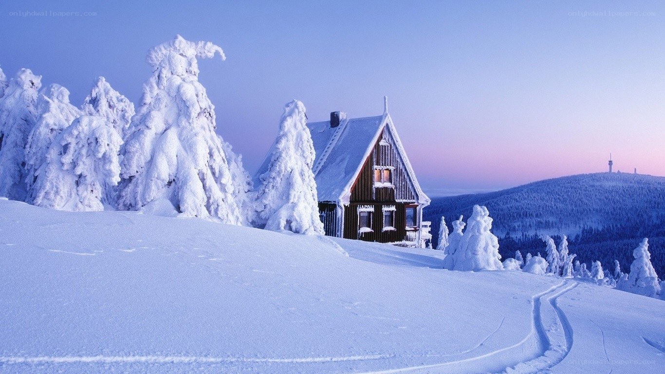 Snow-covered cabin in winter