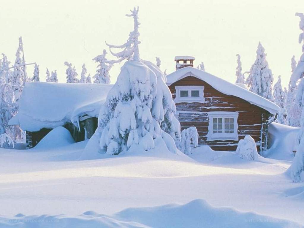 Snow-covered cabin in winter
