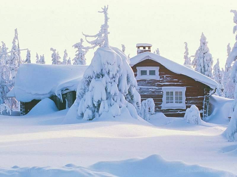 Snow-covered cabin in winter