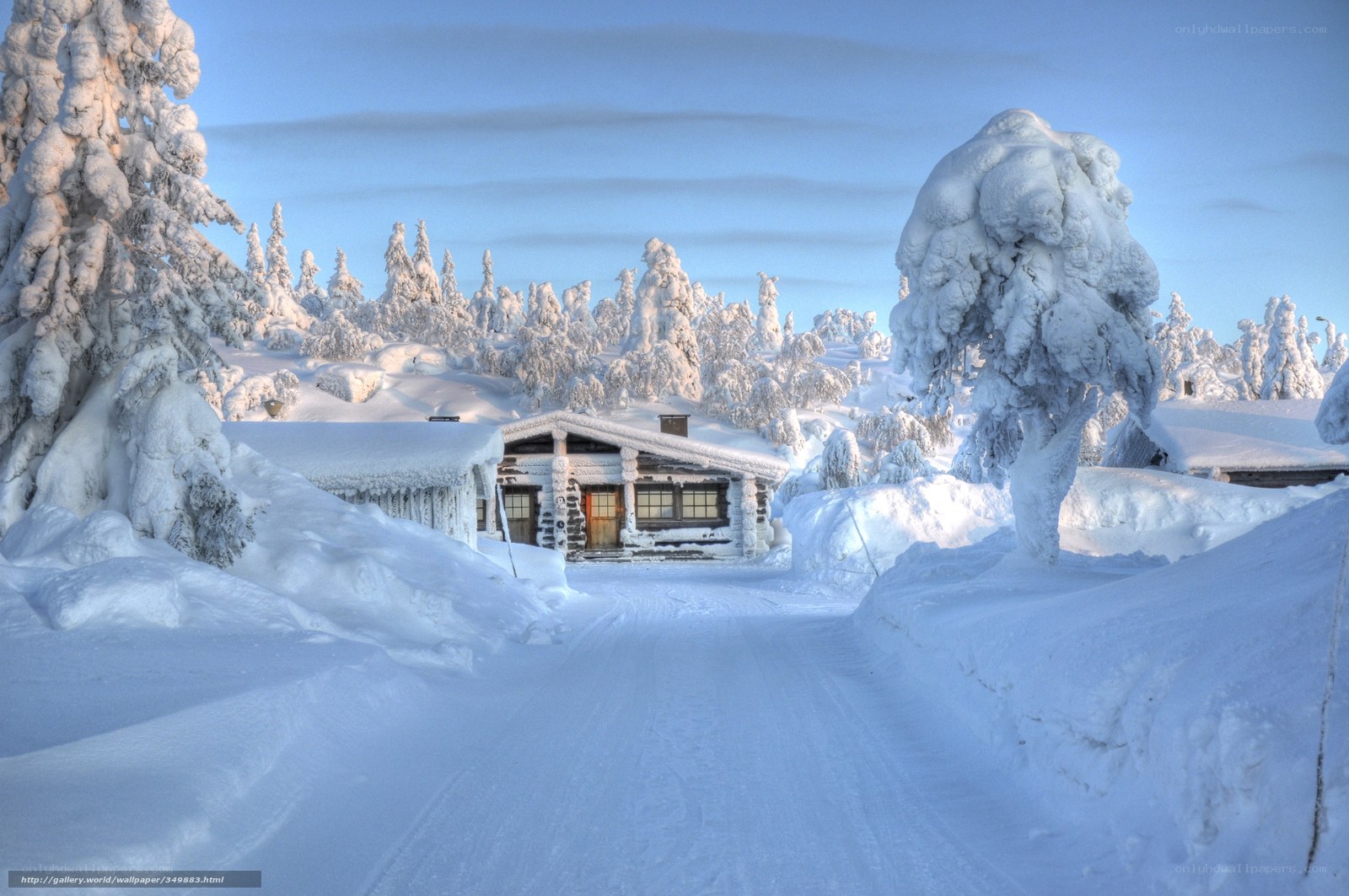 Snow-covered cabin in winter