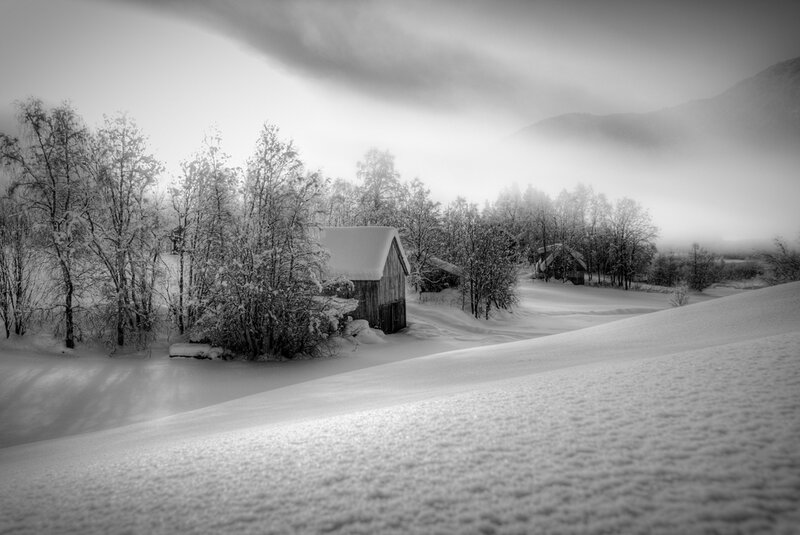 Snow-covered Cabin in Winter — Black